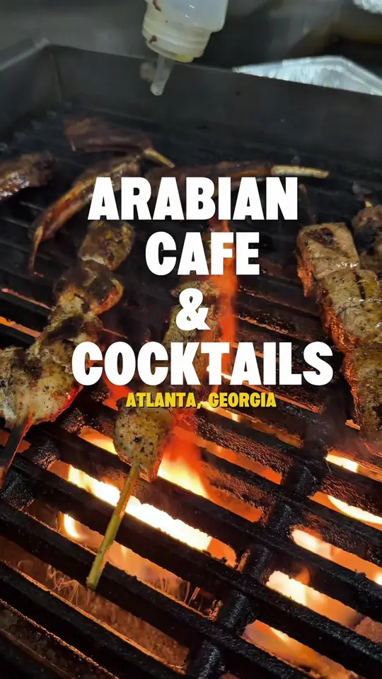 Arabian Cafe & Cocktails in Sandy Springs showing happy hour, $5 margaritas, $5 lemon drops, $1 shots, $10 wraps, video by vibesinatl on TikTok