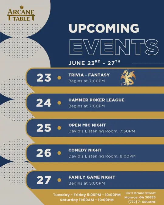 Arcane Table in Monroe showing trivia, poker, music, comedy, games, food, beers, video by ArcaneTableMonroe on Facebook