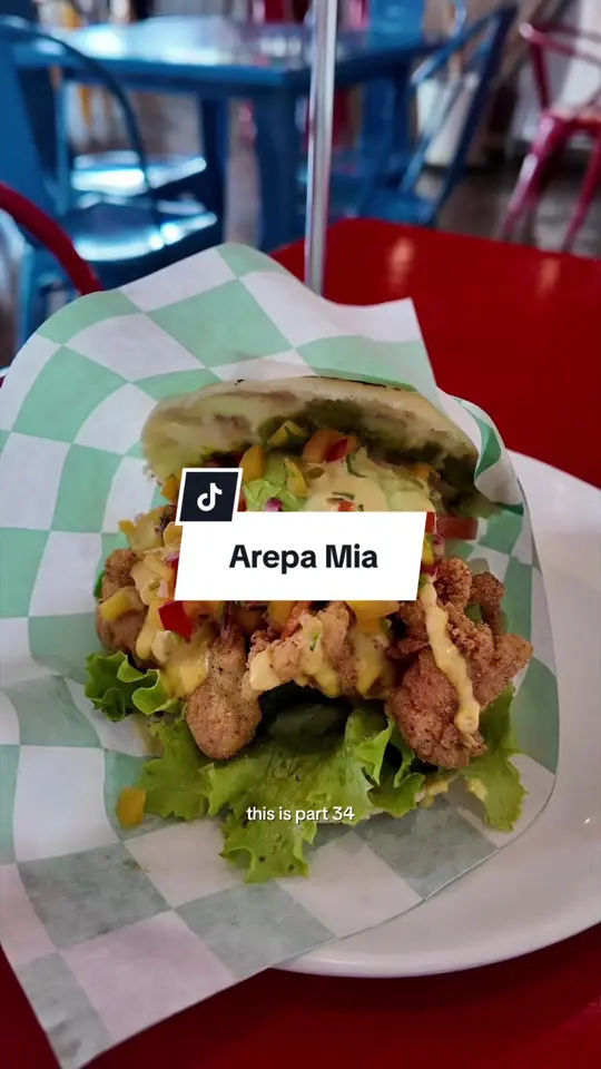 Arepa Mia in Avondale Estates showing food review, arepa fried chicken with mango salsa, video by grace.jjang on TikTok
