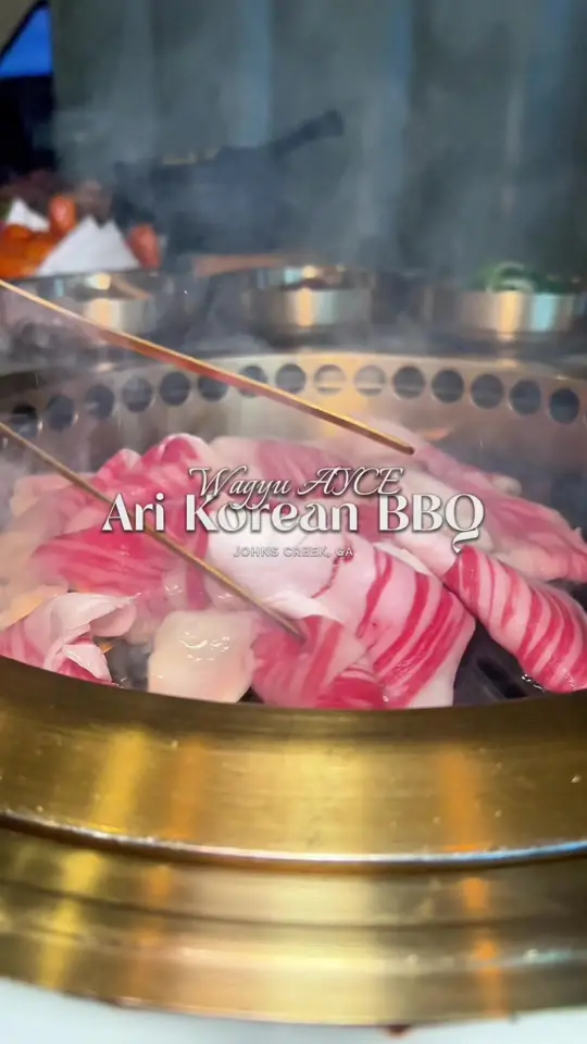ARI Korean BBQ & The Cakeshop in Johns Creek showing restaurant visit, all-you-can-eat meal, wagyu beef, pork options, cheesy egg souffle, buldak fire chicken noodles, video by eat.tray.love on TikTok