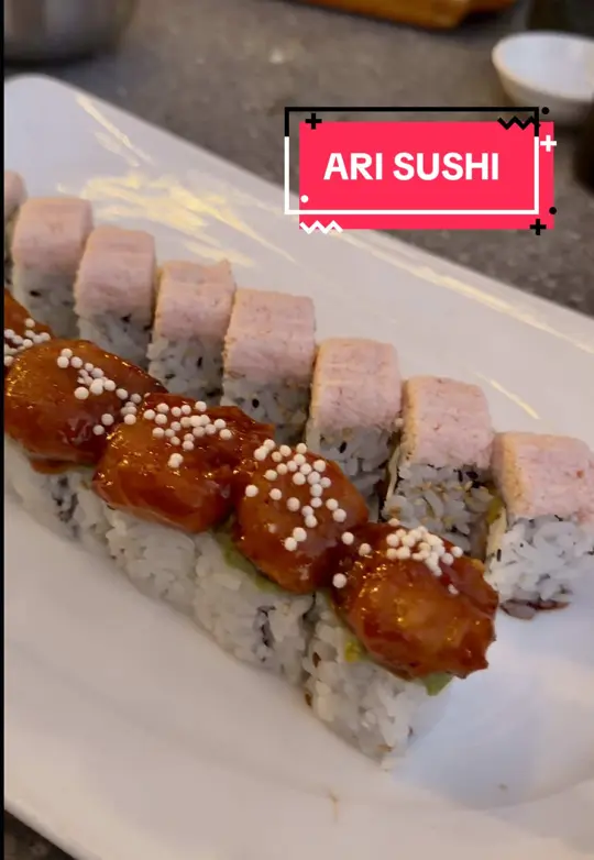 Ari Sushi in Celebration showing review, visit, sushi rolls, kitchen entrees, lobster rangoon, video by princessandthemouse on TikTok