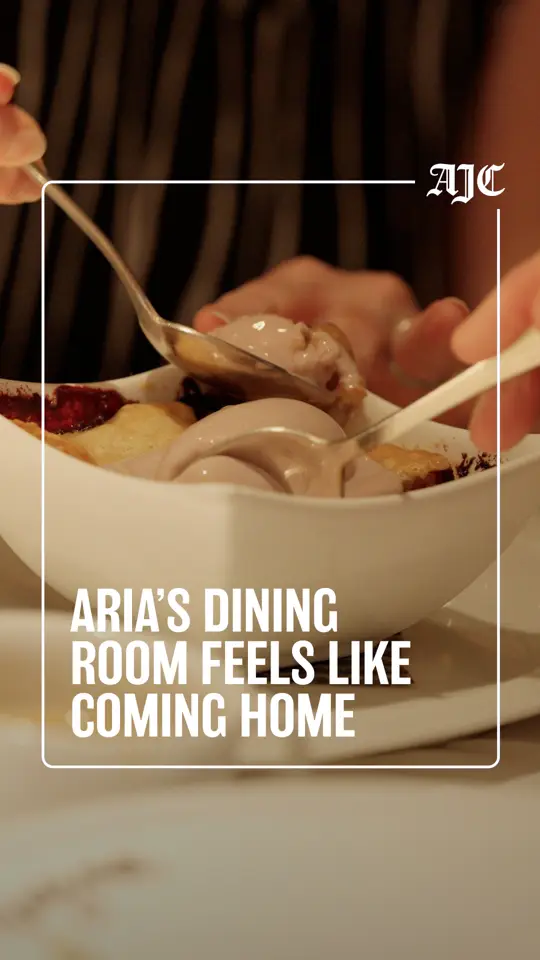 Aria in Atlanta showing review, fine dining, farm-to-table dishes, hamachi sashimi, georgia peach and blackberry cobbler, video by The Atlanta Journal-Constitution on Facebook