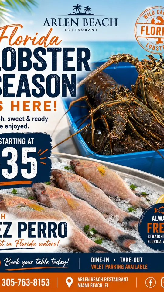 Arlen Beach Restaurant in Miami Beach showing fresh seafood, lobster, crispy fried pez perro, video by Arlen Beach Restaurant by Cecy & Letys on Facebook