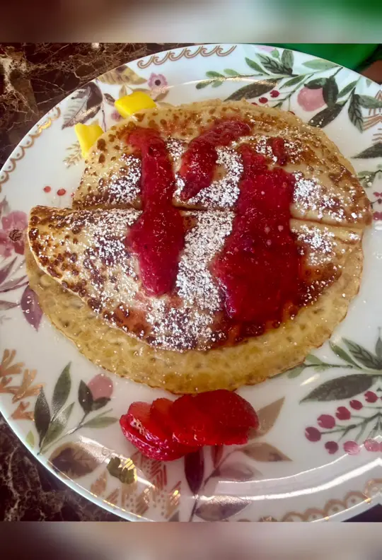 Around the World Cafe Bakery in Indialantic showing review, visit, atmosphere, pear mimosa, nutella crêpes, homemade bread, video by candace8791 on TikTok