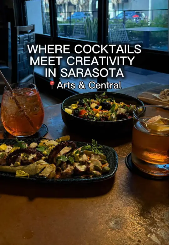Arts & Central in Sarasota showing cocktail, strawberry fennel fields, cocktail, smoked old fashioned, dish, dirty rotten fruit basket, video by eatlocalflorida on TikTok