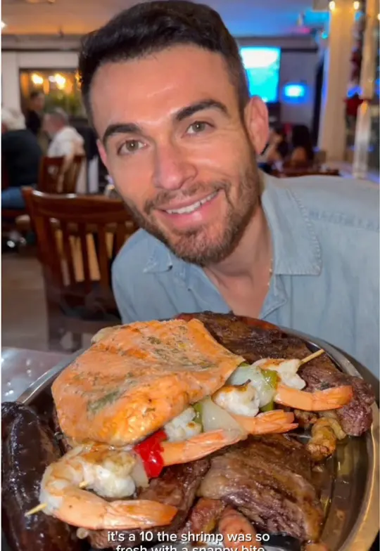 Asador Patagonia in Royal Palm Beach showing food, beef empanada, meat trio, skirt steak, shrimp, chicken, salmon, sausage, chicken empanada, desserts, chaja, pavlova, video by j.dovalle1 on TikTok
