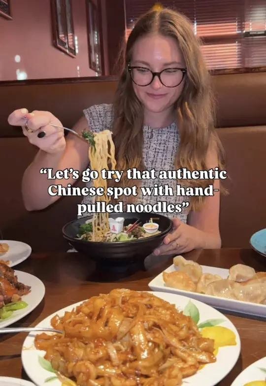 Asian Kitchen in Palm Harbor showing food, shrimp fried shaved noodles, chongquig shaved noodles, dan dan pulled noodles, stewed beef ramen, combination general tao chicken, crab rangoons, video by thrivinginraleigh on TikTok