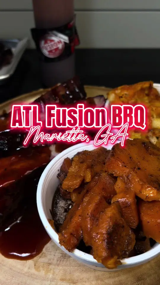 Atl Fusion BBQ in Marietta showing review, ribs, yams, smoked mac & cheese, brisket, rib tips, turkey tips, green beans, baked beans, banana pudding, coleslaw, video by twocentsliyah on TikTok