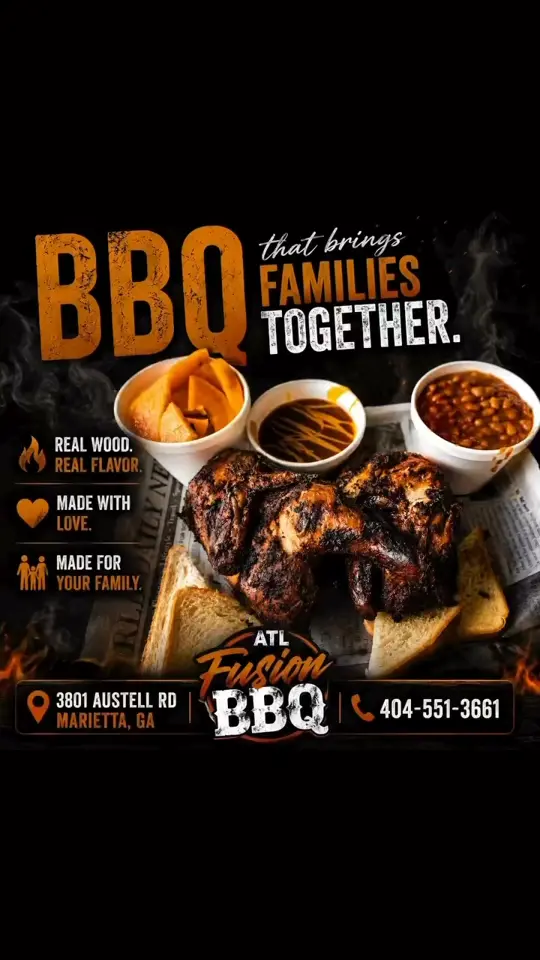 Atl Fusion BBQ in Marietta showing family dinner, smoked bbq, comfort food, video by Atl Fusion BBQ on Facebook