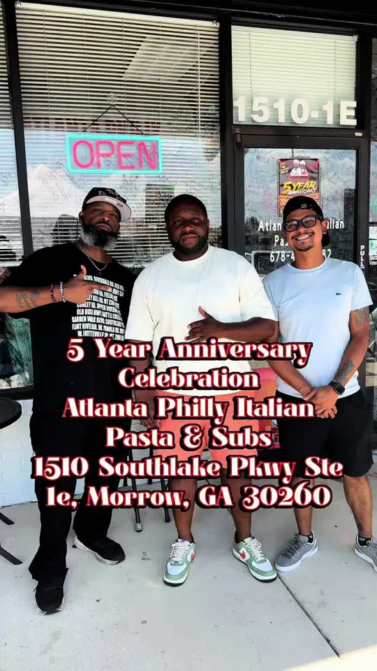 Atlanta Philly Italian Pasta & Subs in Morrow showing visit, 5 year anniversary celebration, dj, sub, pasta, pizza, video by iamnotthemask on TikTok