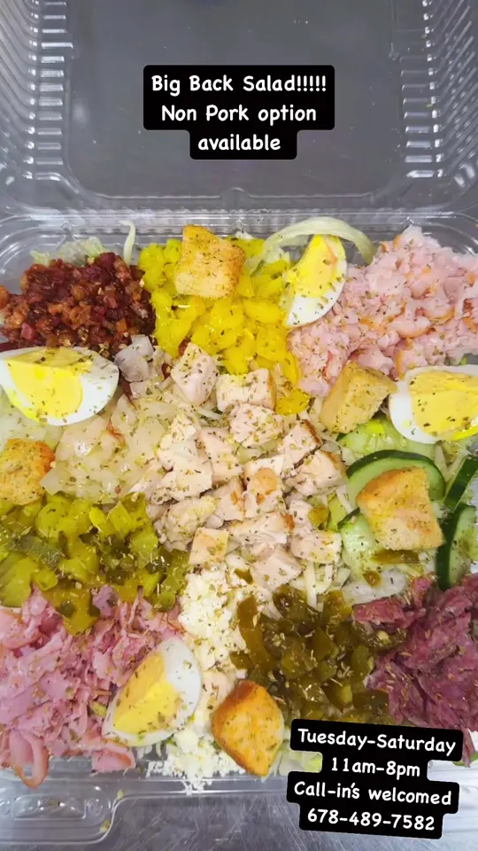 Atlanta Philly Italian Pasta & Subs in Morrow showing food, big back salad, video by atlphillyitalian on TikTok