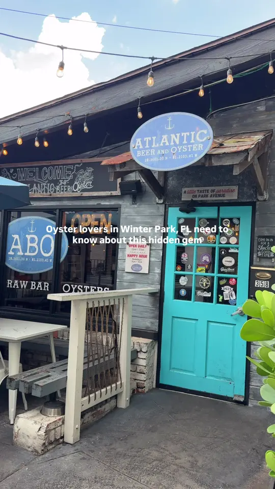 Atlantic Beer & Oyster in Winter Park showing happy hour, $1.50 oysters, beach-town oyster bar vibe, visit, review, video by _hannahtrue on TikTok