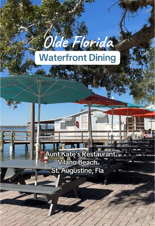 Aunt Kates in St. Augustine showing atmosphere, water views, outdoor seating, indoor seating, video by totallystaugustine on TikTok