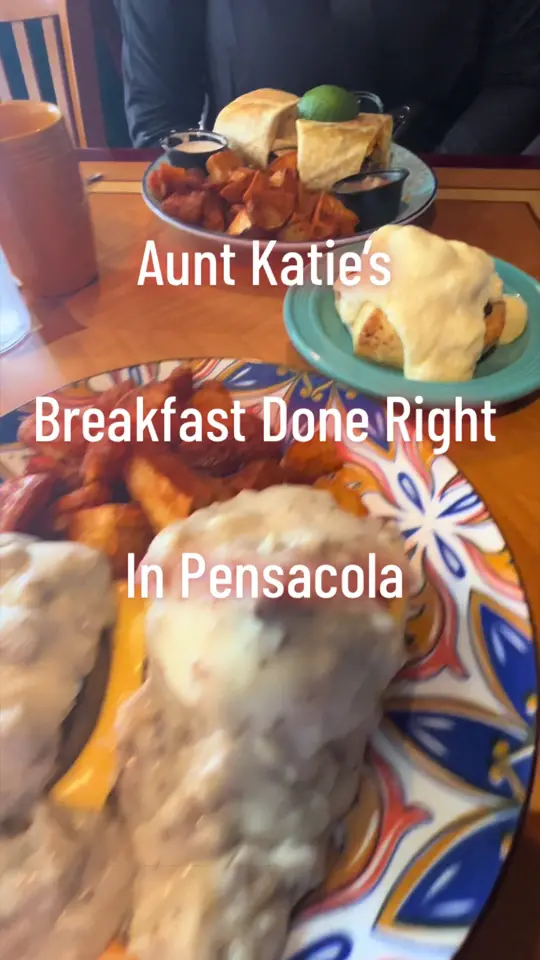 Aunt Katie's - Welcome To Breakfast in Pensacola showing review, visit, southern style bennies, monica's morning burrito, giant cinnamon bun, video by southboundwanderlust on TikTok