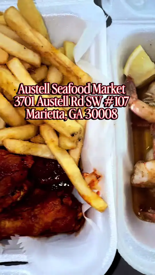 Austell Seafood Market in Marietta showing food, boiled shrimp with cajun butter, crab legs, turkey neck, broccoli, eggs, 10-piece wing with fries, video by iamnotthemask on TikTok