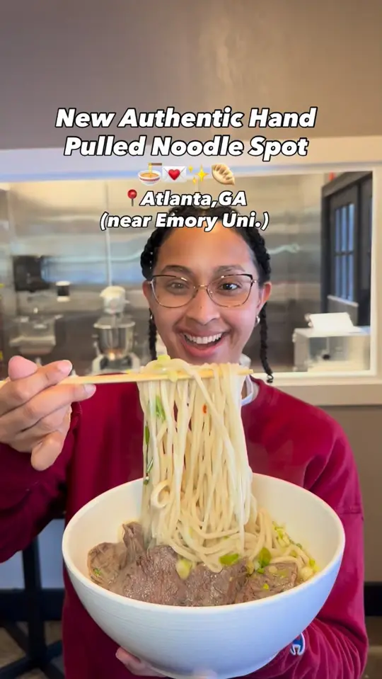 Authentic Hand-Pulled Noodle House in Decatur showing restaurant, authentic hand-pulled noodles, rich broth, meat portions, biang biang noodles, video by Travelfoodie.ishy on Facebook