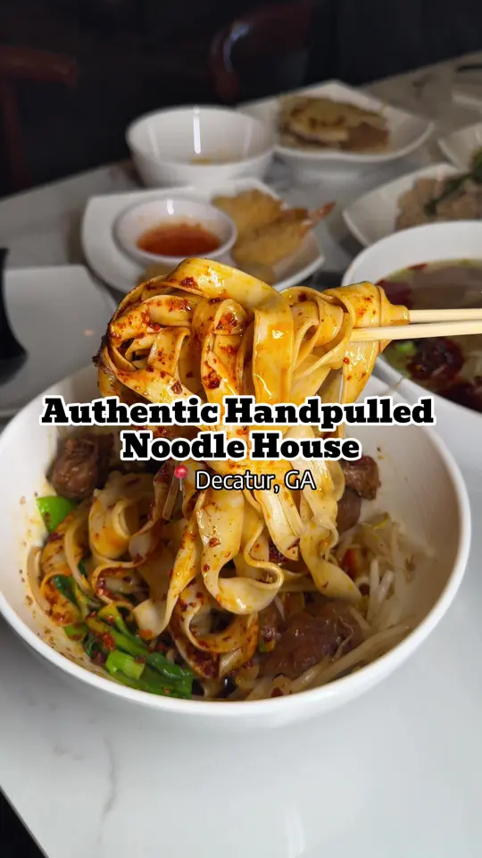 Authentic Hand-Pulled Noodle House in Decatur showing food review, crispy salt & pepper chicken, breaded butterfly shrimp, beef and beef tendon, numbing spicy hotpot, traditional hand-pulled noodle with beef, biang, video by atlanta_foodyyyyy on TikTok