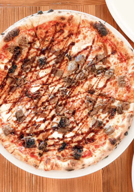 Aventine Rome in Rome showing review, visit, pomme frites, cafe agnello pizza, brisket pizza, three cheese pizza, cinnamon gelato, opera cake slice, vanilla crème brûlée, video by heyitsjana05 on TikTok