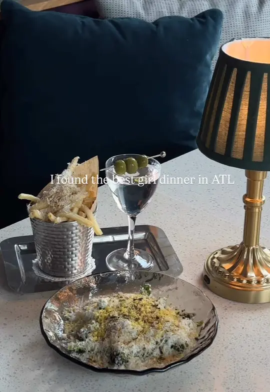 Avize in Atlanta showing food, truffle fries / food, caesar salad / drink, martini / food, chicken nuggets with hot honey and roe / food, bratwurst, video by bestvibesatlanta on TikTok