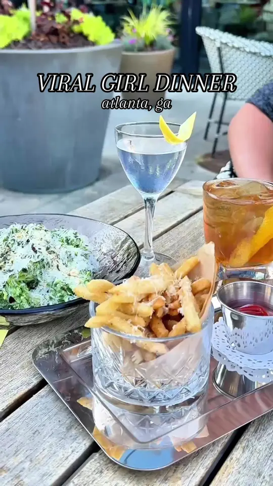 Avize in Atlanta showing food, caesar salad, food, truffle fries, drink, mini martini, video by jccampy on TikTok