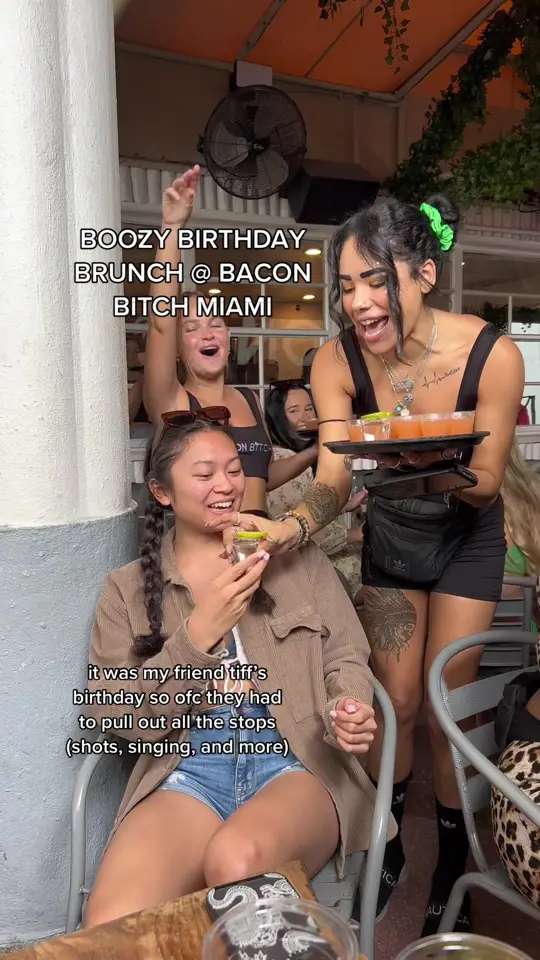 Bacon Bitch in Miami showing brunch, cocktails, birthday celebration, video by twotastebuddiez on TikTok