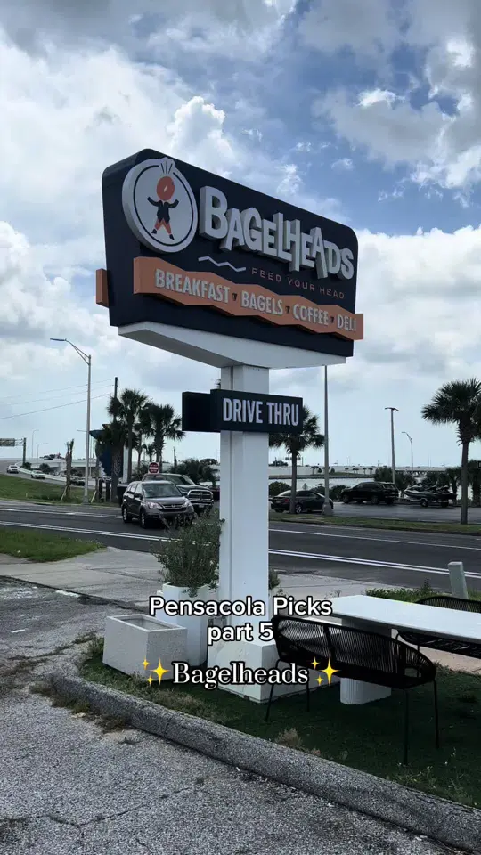 Bagelheads in Pensacola showing visit, bagels, video by ari_gulfcoast on TikTok