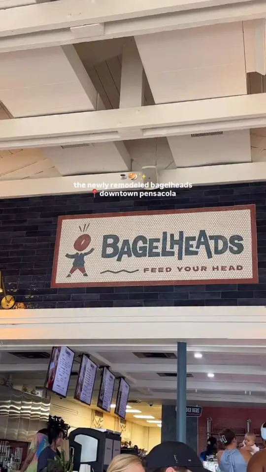 Bagelheads in Pensacola showing coffee, caramel latte with almond milk, honey latte with almond milk, food, egg & cheese sandwich on house bread with hashbrown, caprese lunch sandwich on onion, video by pcola.eats on Facebook
