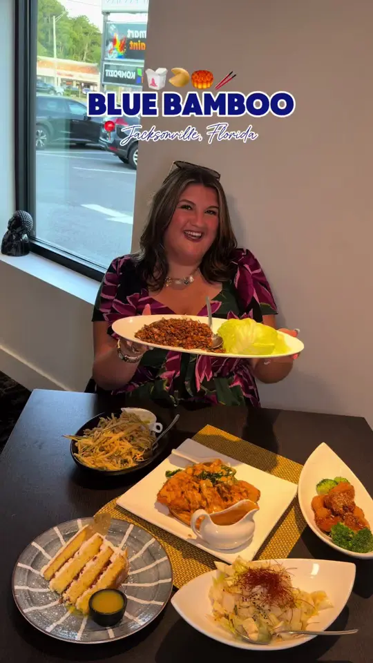 Bamboo in Ocoee showing review, visit, food, dragon whiskers, cabbage, hoisin chicken lettuce wraps, honey garlic shrimp, red curry chicken & waffles, lychee, video by mangiawithtay on TikTok