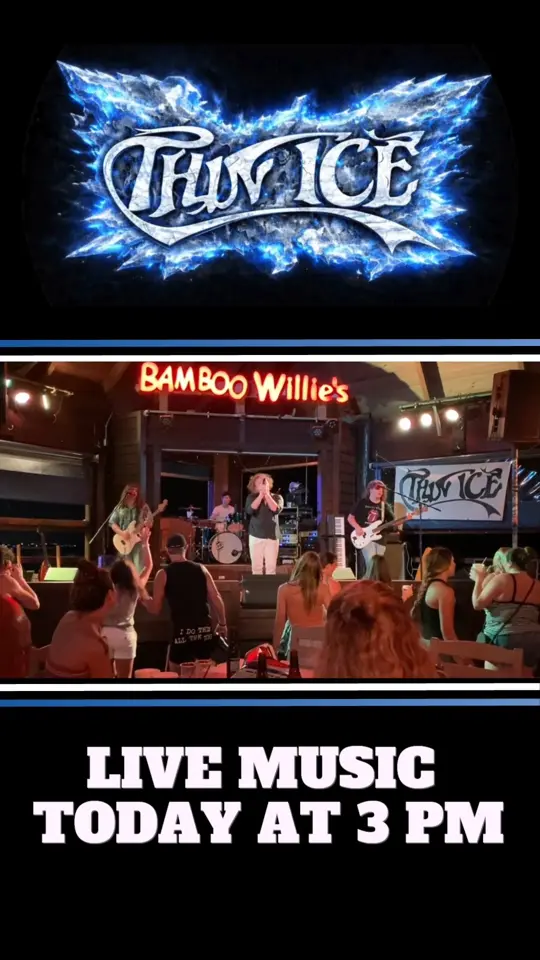 Bamboo Willie's Beachside Bar on Pensacola Beach in Pensacola Beach showing live music, thin ice, $5 abita beers, beach bar atmosphere, pensacola beach boardwalk, video by Bamboo Willies on Facebook