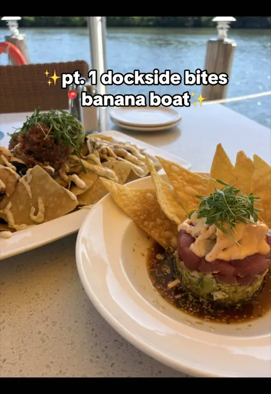 Banana Boat in Lantana showing food, ahi tuna bowl / food, swordfish / food, brownie sundae / drink, dirty banana cocktail, video by chefitupwithlani on TikTok