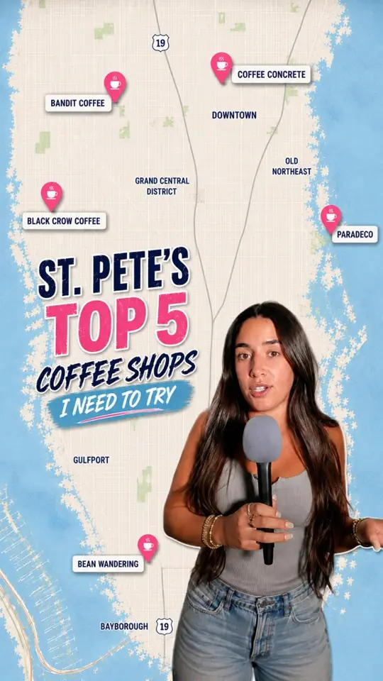 Bandit Coffee Co. in St. Petersburg showing visit, coffee shop, video by St. Pete Vibes on Facebook