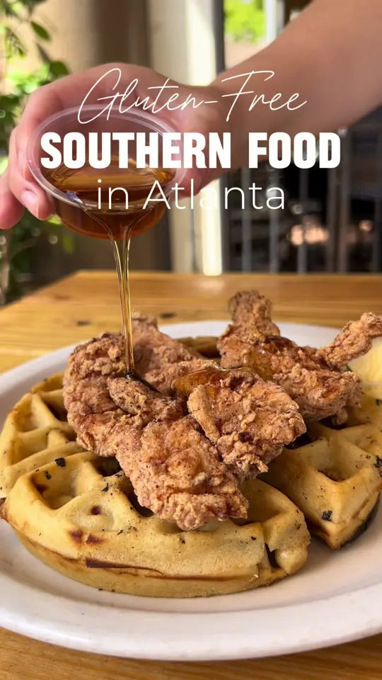 Bantam Pub in Atlanta showing restaurant review, fried chicken and waffles, cornbread with hot honey, breakfast sandwich, pancakes, coffee drinks, video by sayimafoodie on TikTok