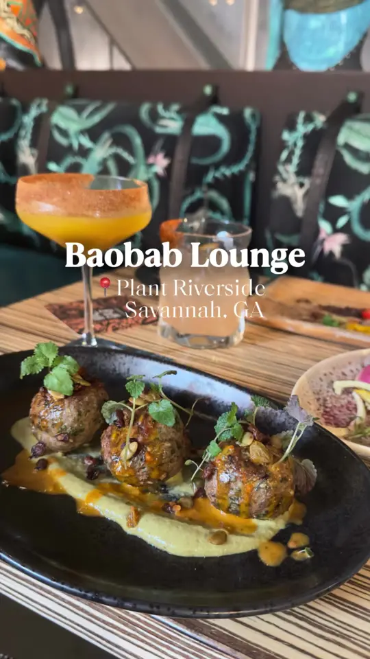 Baobab Lounge in Savannah showing cocktail, food, staff, video by anthonykatiekay on TikTok
