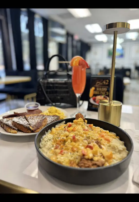 BAR 42 Cocktails & Kitchen in Rex showing review, visit, brunch menu, flavored mimosas, food, ambiance, video by lexsee_lex on TikTok