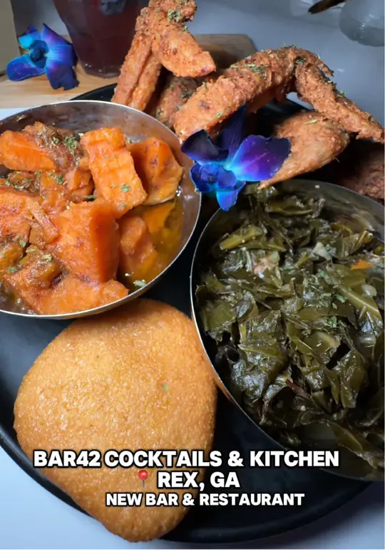 BAR 42 Cocktails & Kitchen in Rex showing review, grilled oysters, hot chili bang bang shrimp, crab claws, salmon bites, soulfood42, caesar salad, ribeye steak, blondie brownie delight, mini, video by twocentsliyah on TikTok