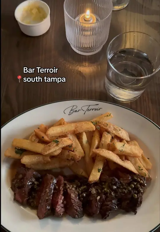 Bar Terroir in Tampa showing restaurant visit, house bread, normandy-imported butter, mocktail, cantaloupe-mezcal, onion soup, video by shyannalisha on TikTok
