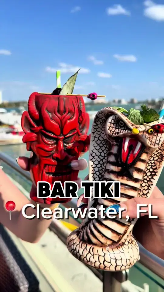 Bar Tiki in Clearwater showing cocktail, volcano bowl, cocktail, queen cobra, cocktail, curse of ulupoka, cocktail, lively ladies, food, shrimp & snapper ceviche, video by eatlocalflorida on TikTok