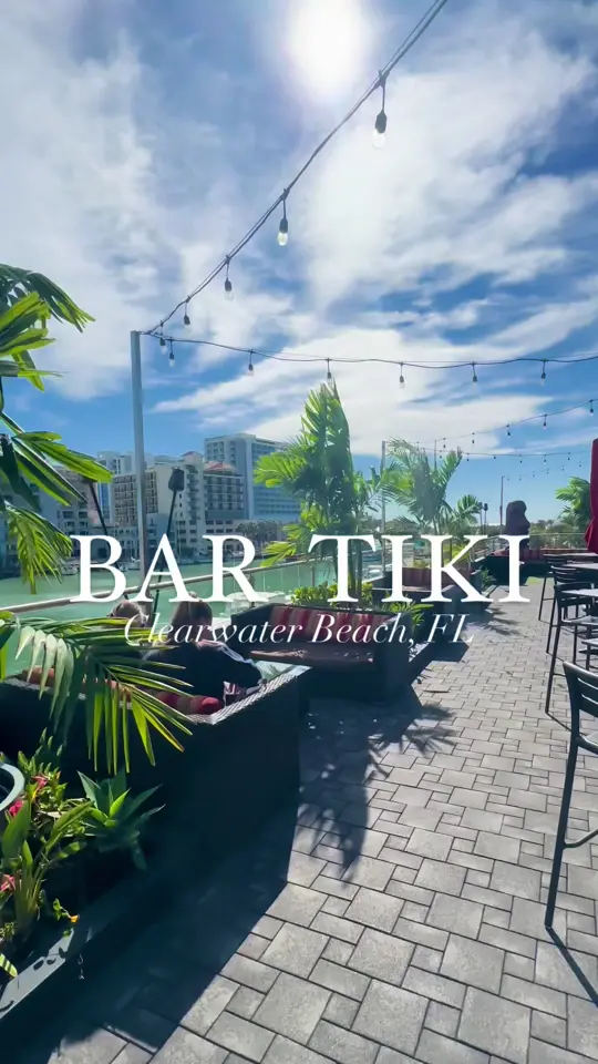 Bar Tiki in Clearwater showing rooftop bar, tropical cocktails, island-style bites, clearwater beach marina views, video by thingstodotampabay on TikTok