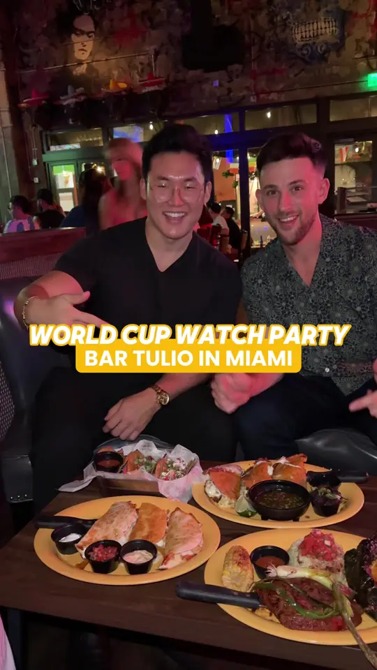 Bar Tulio's in Miami showing sports, 14 tvs with sound on / food, birria tacos / food, quesadillas / food, carne asada / drinks, smoky cocktails / drinks, house margar, video by zackaryeats on TikTok