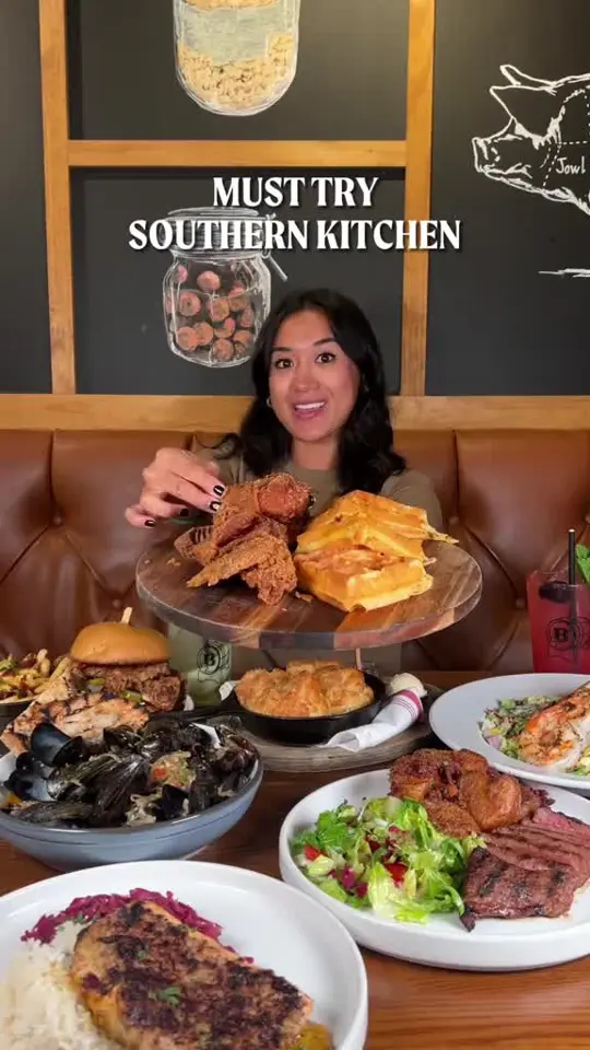 Batch New Southern Kitchen in West Palm Beach showing food, chicken and waffles, homemade biscuits, video by thepalmbeaches on TikTok