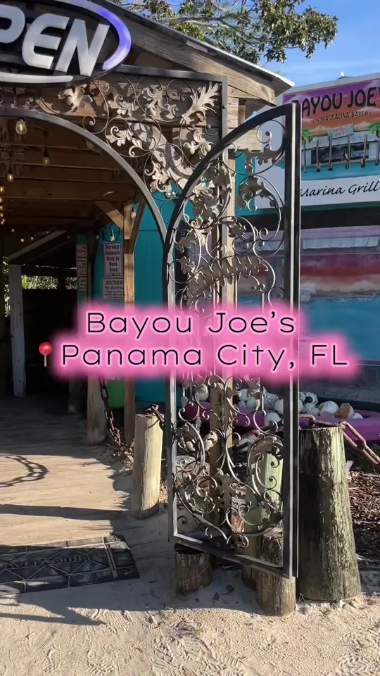 Bayou Joe's Marina & Grill in Panama City showing review, waterfront atmosphere, sunset, fried green beans, video by pratherpartyof10 on TikTok