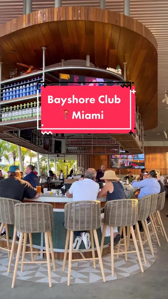 Bayshore Club Bar & Grill in Miami showing happy hour, dinner with a view, video by floridawithyasmin on TikTok