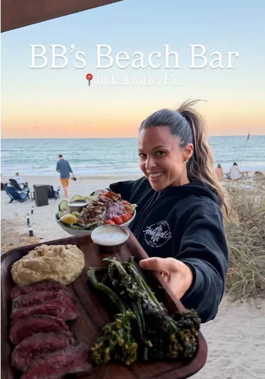 Bb's Beach Bar in Indialantic showing cocktail, sunshine spritz, cocktail, lavender smash, food, hummus platter, food, loaded chicken nachos, food, seafood cob salad, food, smash burger, food,, video by spacecoastvibeanddine on TikTok