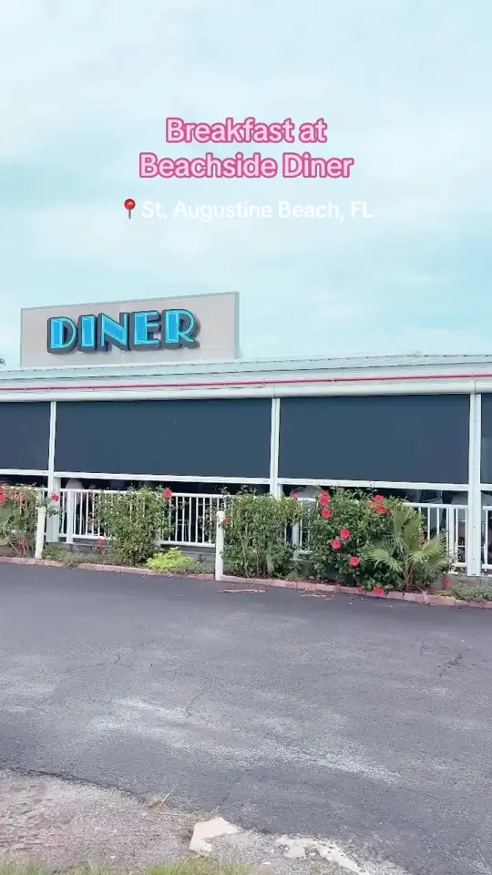 Beachside Diner in St. Augustine showing food, fluffy pancakes, eggs benedict, coffee, atmosphere, outdoor patio, video by thelocal_motel on TikTok