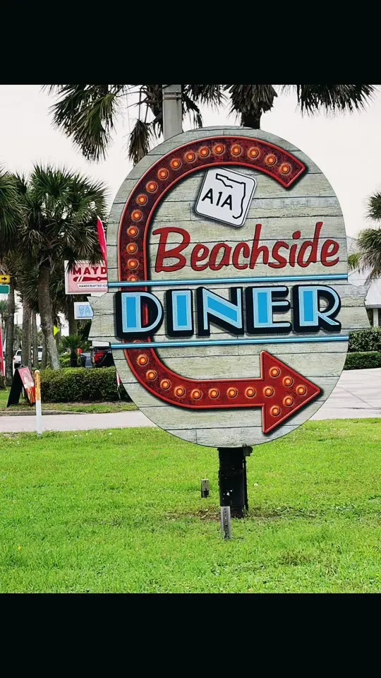 Beachside Diner in St. Augustine showing breakfast, avocado toast with eggs, pickled onions, patio dining, indoor seating, classic music, video by rmda1209 on TikTok