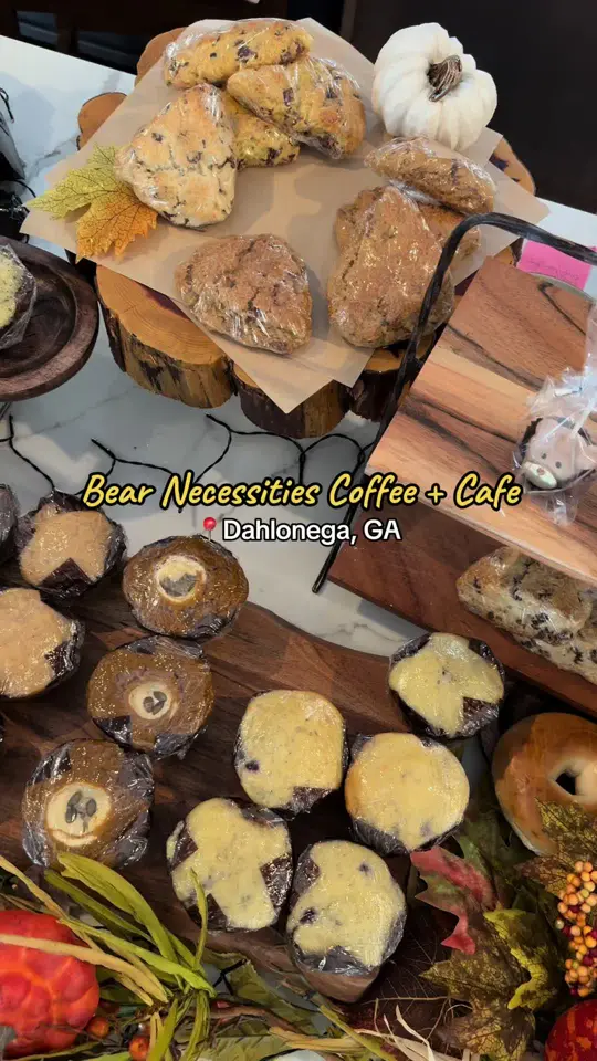 Bear Necessities Cafe in Dahlonega showing coffee shop, specialty coffees, breakfast menu, lunch menu, cozy seating, coffee flight, video by discover.dahlonega on TikTok