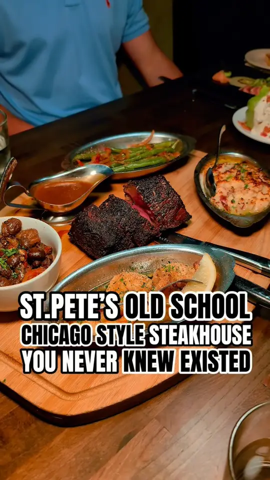 Beau & Mo's Italian Steakhouse in St. Petersburg showing restaurant visit, ambiance, decor, shrimp, video by St. Pete is Awesome on Facebook