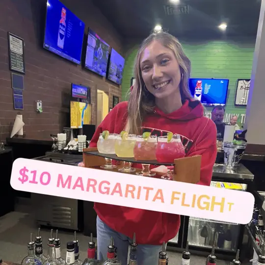 Beef 'O' Brady's in Jefferson showing drink, margarita flight, video by Beef 'O' Brady's Jefferson on Facebook