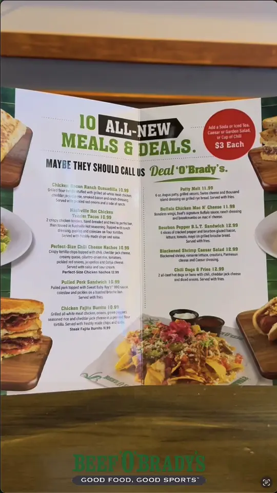 Beef 'O' Brady's in Jefferson showing menu items, food deals, video by Beef 'O' Brady's Jefferson on Facebook