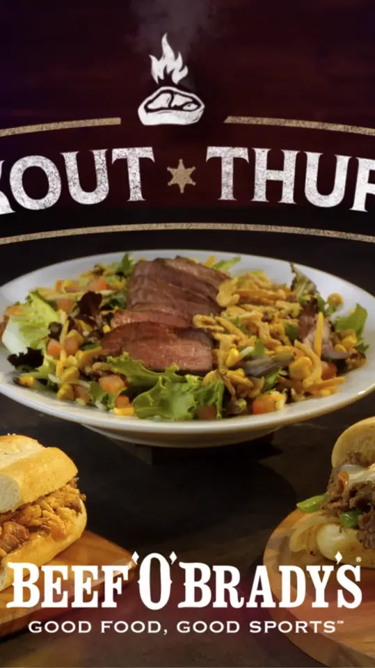 Beef 'O' Brady's in Peachtree City showing food, ribeye steak sandwich / food, philly cheesesteak / food, cowboy steak salad, video by Beef 'O' Brady's - Plant City on Facebook
